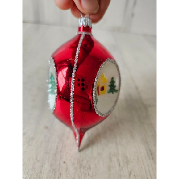 Vintage radko country scene reflector teardrop red glitter ornament Xmas indent - Picture 2 of 9